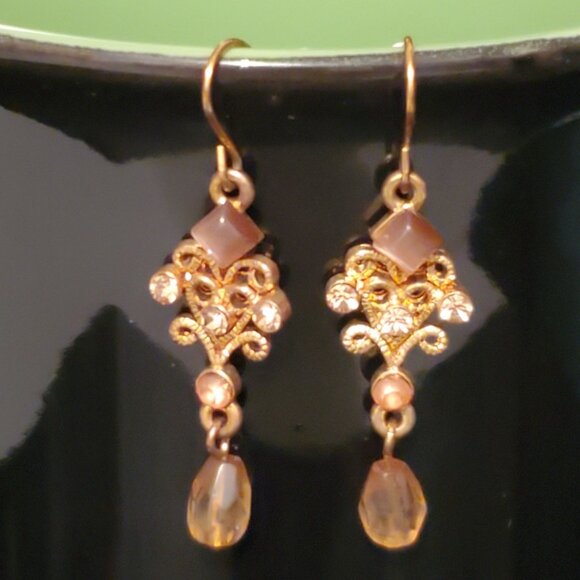 Vintage Ornate Gold & Brown Eye of Tiger Pink Beaded Dangle Earrings - Picture 1 of 6